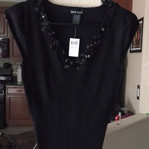 sequin v neck cap sleeve knit top black medium